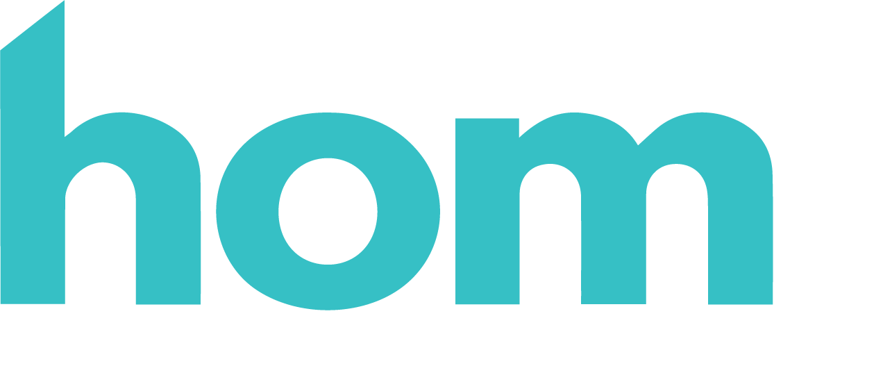 HOM logo blue white dot text